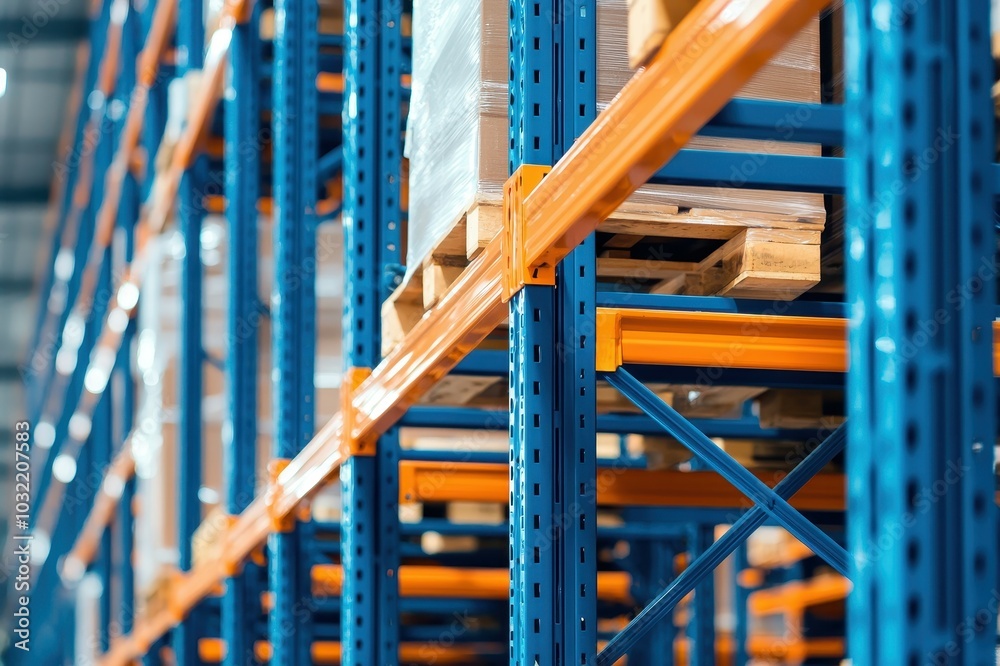 Warehouse shelves with wooden pallets, bright and organized. Warehouse shelves with wooden pallets, bright and organized.