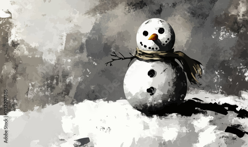 Distressed snowman with a tattered scarf, surrounded by rough, textured snow and dark shadows. Vector illustration.