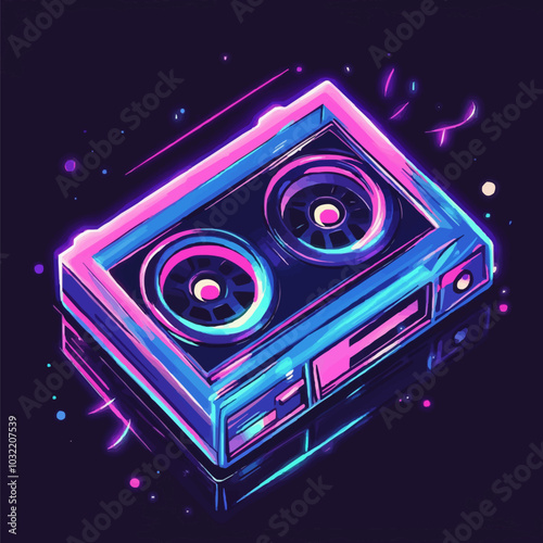 Retro 90s cassette tape with neon accents and holographic effects, blending old-school vibes with modern design. Vector illustration.