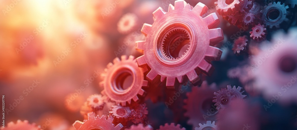 Closeup of red cogwheels meshing together, with a warm orange and purple blurred background. Closeup of red cogwheels meshing together, with a warm orange and purple blurred background.