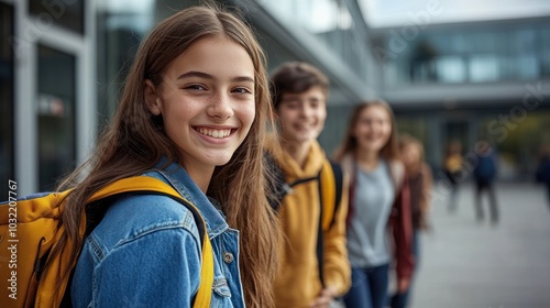 Happy student with yellow backpack on university path