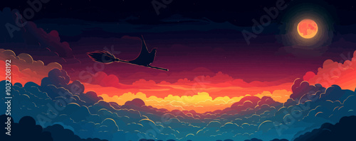 Witch's broomstick flying in the sky. Vector flat isolated.