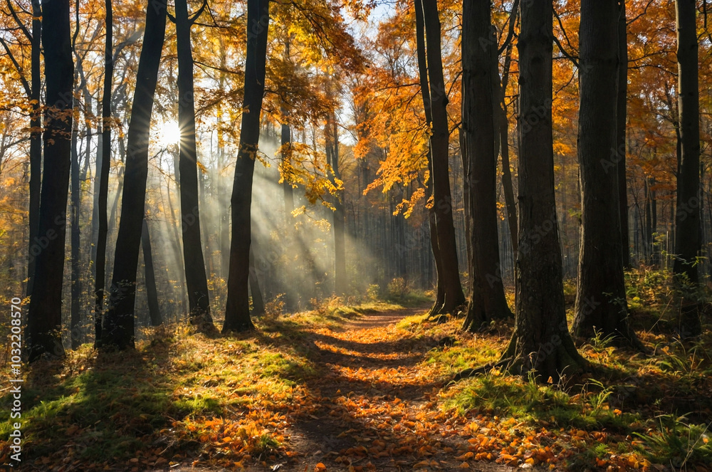 Fototapeta premium Autumn forest, woodland with fallen leaves. Magic nature landscape.