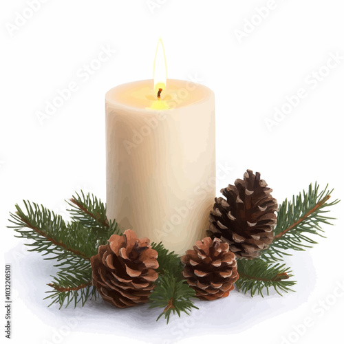 Candle with pine branch and cone isolated