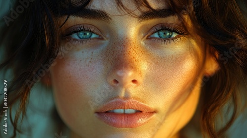 Close-up portrait of a young woman with blue eyes and freckles.