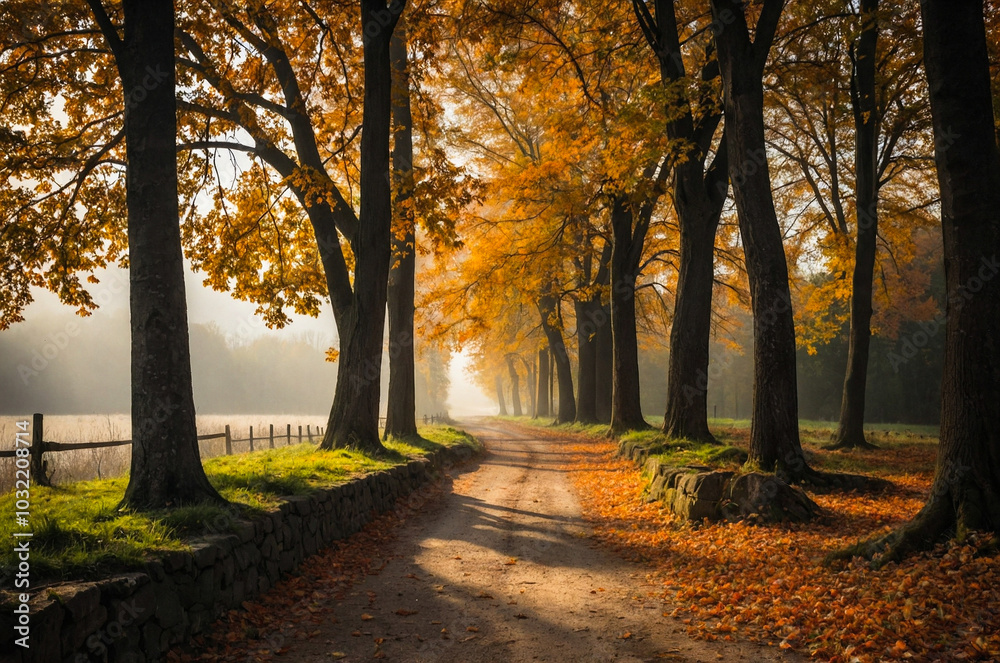 Naklejka premium Autumn forest, woodland with fallen leaves. Magic nature landscape.