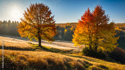 Autumn landscape background. Sunny day with oak tree, meadow and yellow leaves.