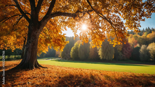 Autumn landscape background. Sunny day with oak tree, meadow and yellow leaves.