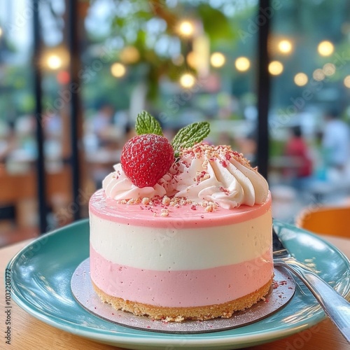Close-up of cake with strawberry.