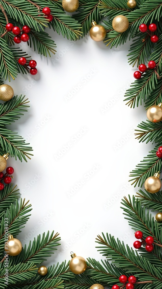 christmas frame with christmas tree branches and balls, white background christmas frame with christmas tree branches and balls, white background