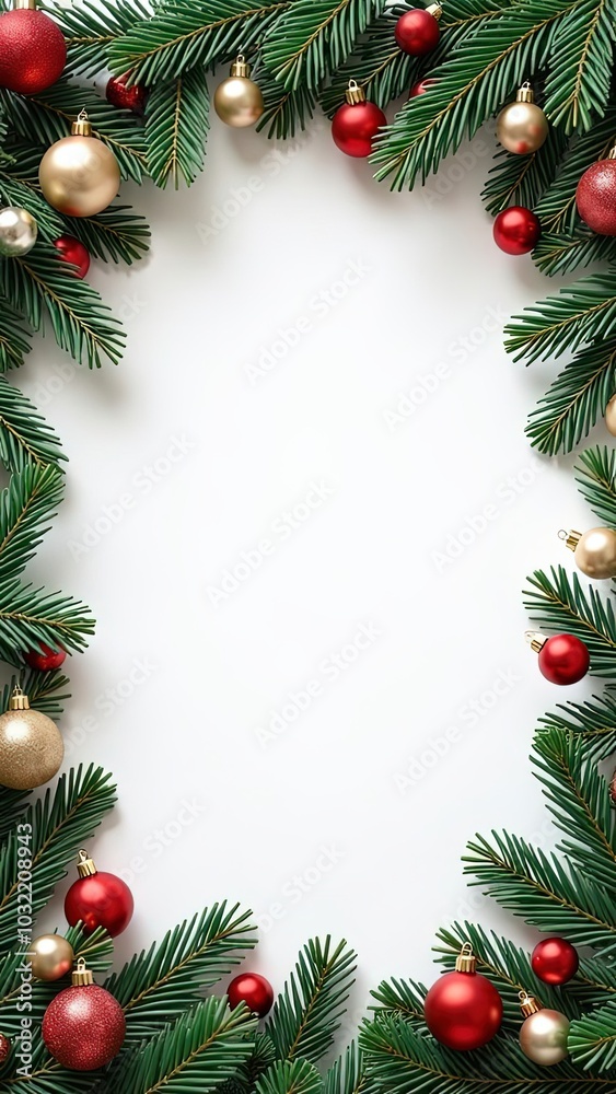 christmas frame with christmas tree branches and balls, white background christmas frame with christmas tree branches and balls, white background