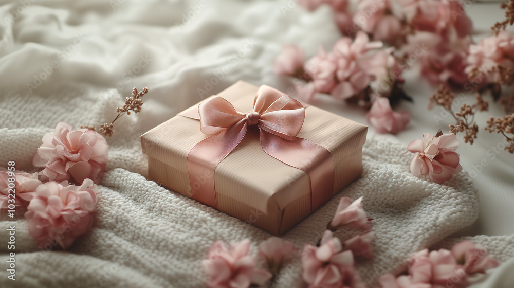 Brown gift box with pink ribbon, surrounded by delicate pink flowers, on a cozy, soft setting. Brown gift box with pink ribbon, surrounded by delicate pink flowers, on a cozy, soft setting.