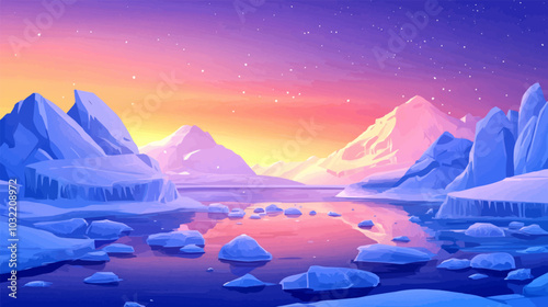 Cartoon arctic landscape with water, snowy iced mountains and rocks. North pole problems, melted ices. Winter nature vector background