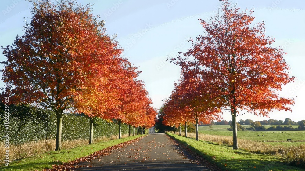 A long, paved driveway lined with trees in vibrant fall foliage, leading through a countryside landscape. A long, paved driveway lined with trees in vibrant fall foliage, leading through a countryside landscape.