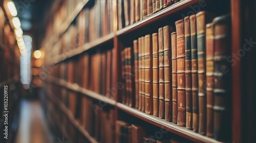 Vintage Books on a Wooden Shelf in a Library