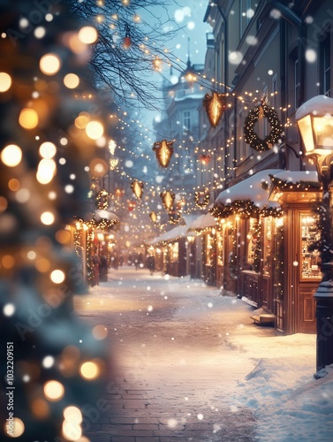 Christmas-themed travel background, showcasing festive winter streets and Christmas markets with warm lights
