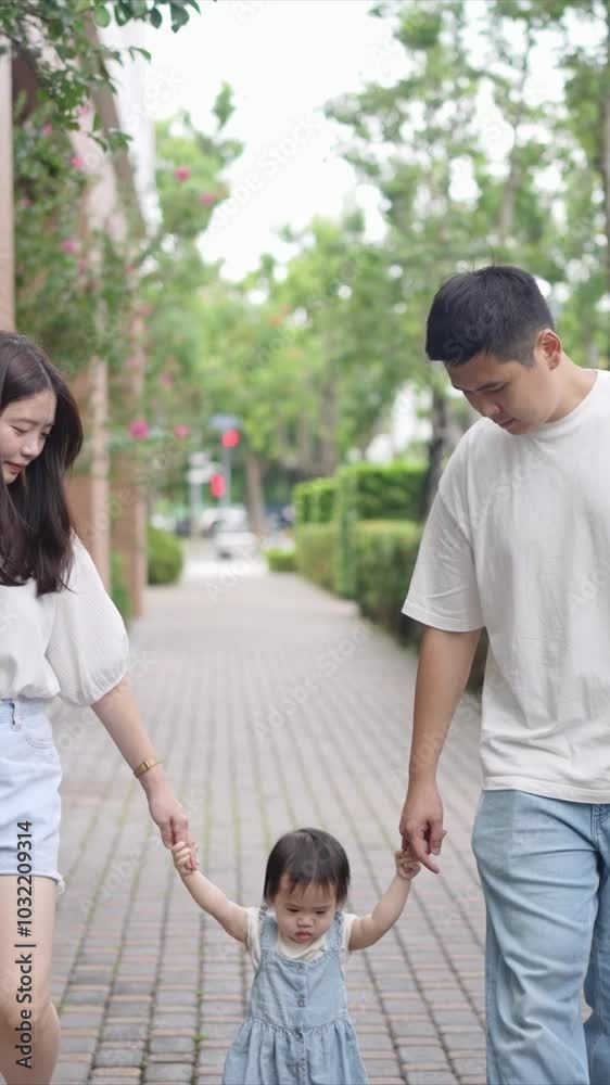 A Taiwanese family, consisting of a father in his 30s, a mother in her 20s, and their 1-year-old daughter, are walking apartment in Taichung City, Taiwan.Slowmotion, Vertical Video. A Taiwanese family, consisting of a father in his 30s, a mother in her 20s, and their 1-year-old daughter, are walking apartment in Taichung City, Taiwan.Slowmotion, Vertical Video.