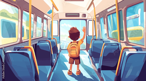 Boy waving inside bus. School transport chair back aisle interior background. Train seat for children passenger indoor. Commute or travel with autobus scene. Public city vehicle modern design