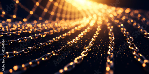 Close-Up of a Glowing Golden Chain on Dark Background