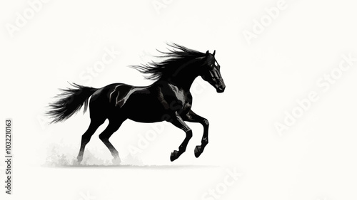Silhouette of a galloping horse with flowing mane and tail, set against a white background.