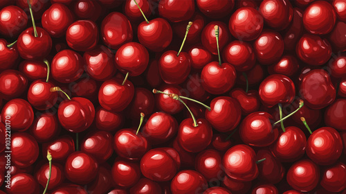 Vector illustration of sweet cherry berries texture. Cherry pattern for printing on fabric, paper, wallpaper. Ripe 3d cherry illustration. Abstract cherry print, banner. Fruit berry background