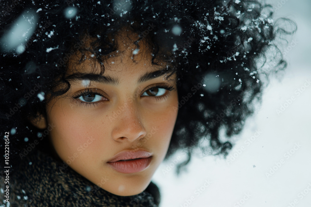 Close-up portrait of a very beautiful brunette woman with a relaxed face outdoors in winter during a snowfall. The woman's hair is covered with snowflakes. The woman enjoys a walk, breathing in the Close-up portrait of a very beautiful brunette woman with a relaxed face outdoors in winter during a snowfall. The woman's hair is covered with snowflakes. The woman enjoys a walk, breathing in the