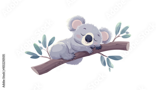 Cartoon cute koala bear character peacefully sleeping on the eucalyptus tree branch. Isolated vector tropical animal with fluffy gray fur, embodying adorable charm and relaxed Australian vibes