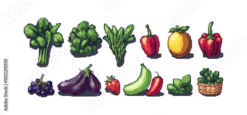 8bit pixel art vegetables and fruits, game asset. Apple, cherries, eggplants, spinach and blueberries, asparagus, grapes or green beans. Mango, strawberries, artichoke and red chili or bell peppers