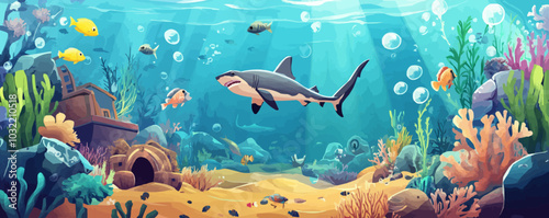Underwater landscape with hammerhead shark, octopus and other sea animals and fish shoal amidst coral and seaweed. Cartoon vector ocean floor with diverse marine life, sunken ship, bubbles and rocks