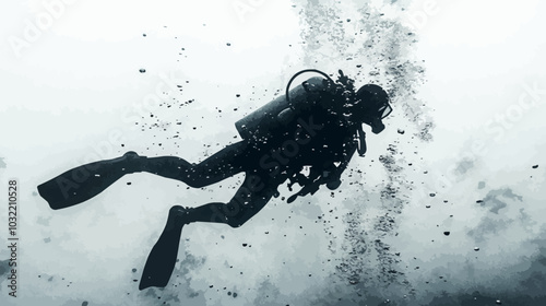 Silhouette of a diver swimming among abstract bubbles, set against a white background.