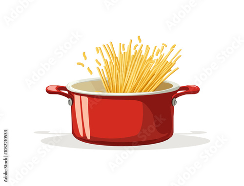 Pasta cooking process. Isolated cartoon vector red pot filled with boiling spaghetti, pasta or noodles, emphasizing warmth and comfort of homemade dishes, culinary, home cooking, and kitchen themes