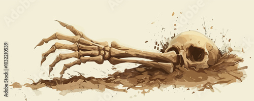 Skeleton hand coming out of the ground. Vector flat isolated.