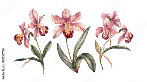 蘭のビンテージ ボタニカル イラスト、透明な背景に花のベクトル PNG、古典的な蘭アート デザイン、レトロな花の装飾、熱帯の花のグラフィック、エレガントな自然のプリント、