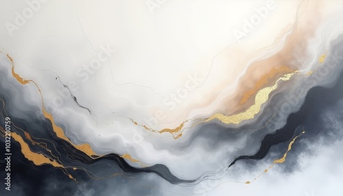 Soft waves of black, gold, and gray swirl gracefully across the canvas, evoking a sense of tranquility and movement, inviting viewers to explore its depths