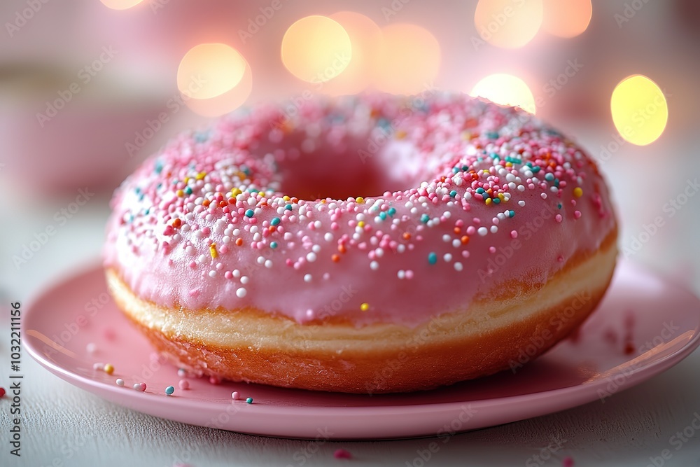 A pink frosted doughnut with sprinkles on top A pink frosted doughnut with sprinkles on top