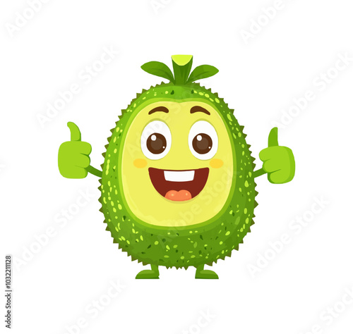 Cartoon retro groovy feijoa fruit character cheerfully smiling with happy expression and thumbs-up. Isolated vector funny tropical fruit personage exudes happiness and playfulness in hippie style