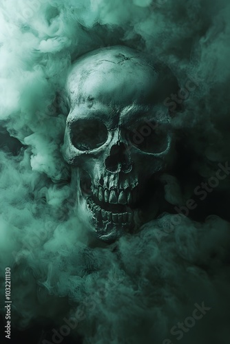 a skull wrapped in thick green smoke