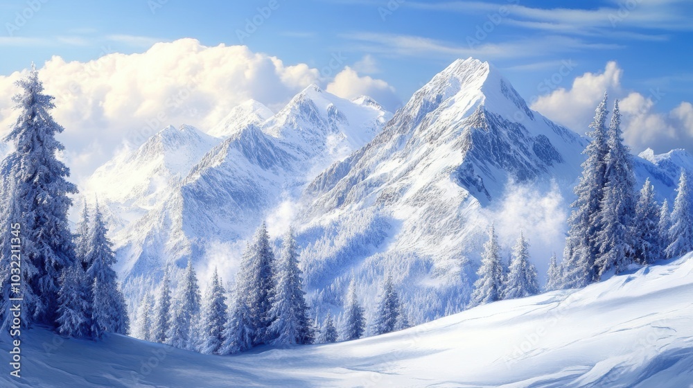 Fototapeta premium Snow-covered mountains and pine trees under a blue sky.