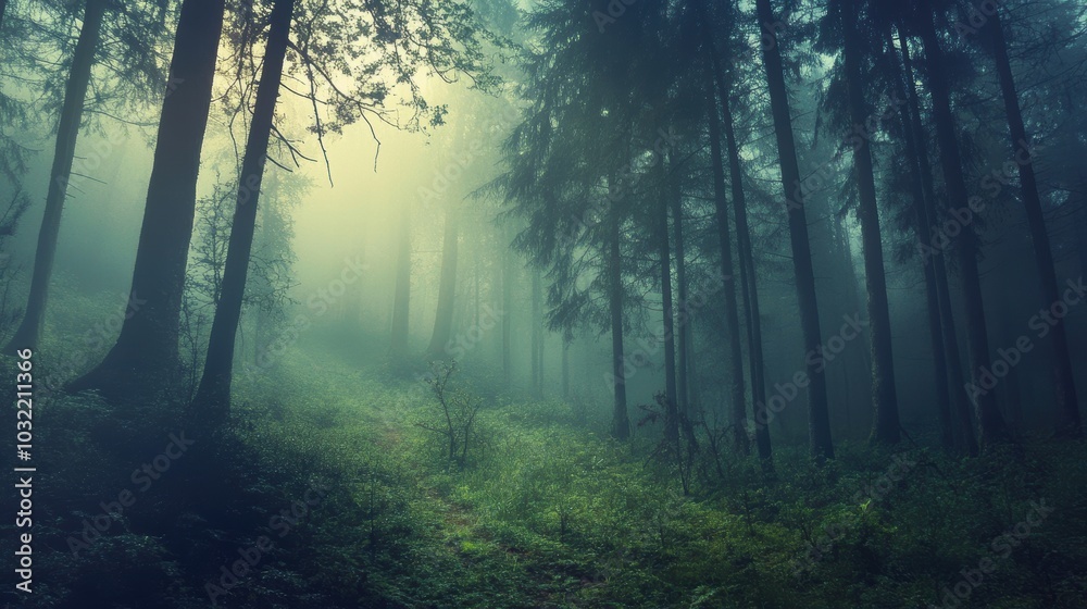 Obraz premium A misty forest path through tall trees.