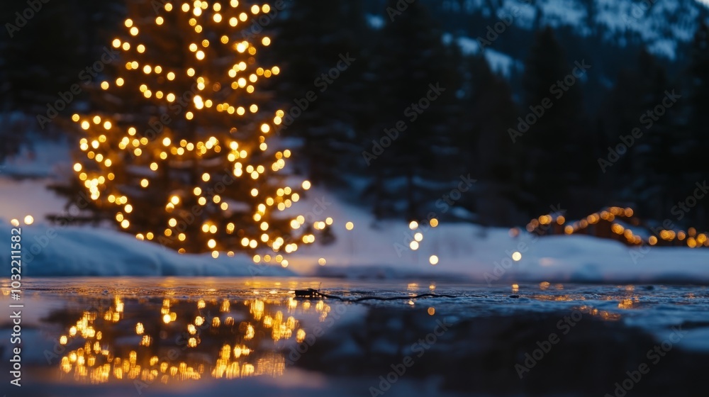 Naklejka premium A Breathtaking Scene of Christmas Lights Reflected off the Snow, Evoking a Sense of Awe and Wonder in the Winter Landscape.