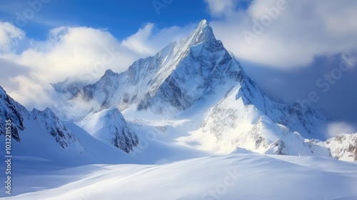 Snow-capped mountains under a blue sky.