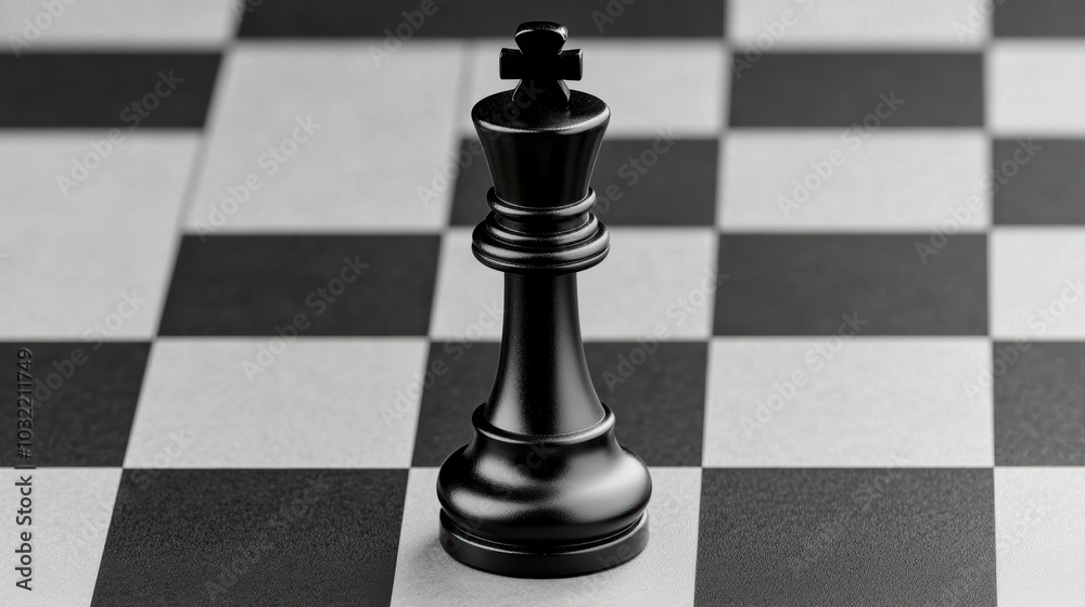 A close-up view of a black king chess piece positioned on a classic checkered board, symbolizing strategy and competition in chess. A close-up view of a black king chess piece positioned on a classic checkered board, symbolizing strategy and competition in chess.