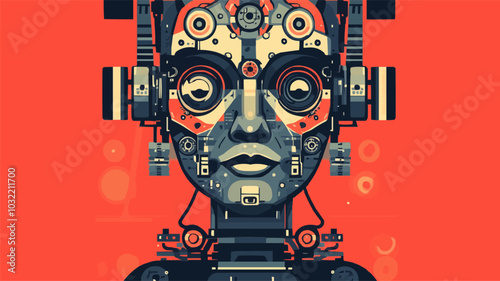A customizable flat illustration showcases a robot face with mechanical features and vibrant red backdrop, Customizable flat illustration of a robot face.