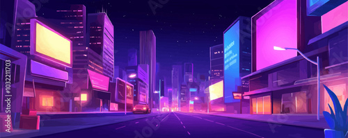 Night downtown street landscape with neon glow effect. Cartoon vector illustration of dark purple evening city scape with luminous billboards, signs and windows. Cyberpunk background with urban scene.