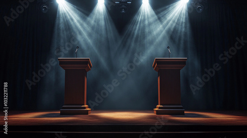 Two brown podiums with microphone under spotlights for public speaking debate presidential vice election political speaker podium