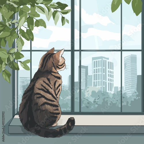 Vector art of a cat sitting on a windowsill with a cityscape view in the background.
