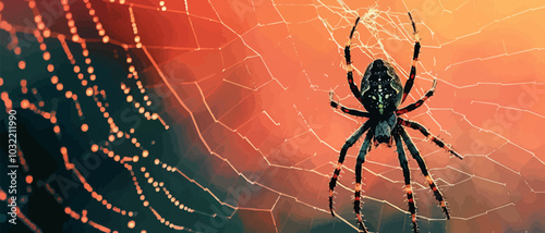 Spider hanging from a web. Vector flat isolated.
