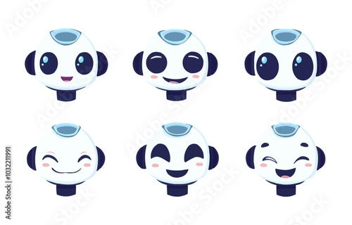 Cute cartoon robot character with different facial expressions. Vector illustration.