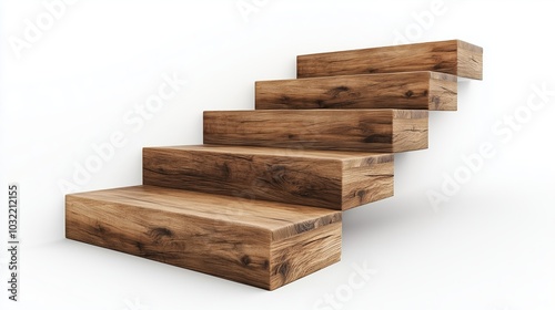 Wooden floating stairs in a minimalist design against a white background, symbolizing progress and ascension photo