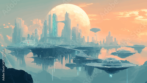 Vector art of a futuristic city with transparent buildings and flying islands connected by bridges.